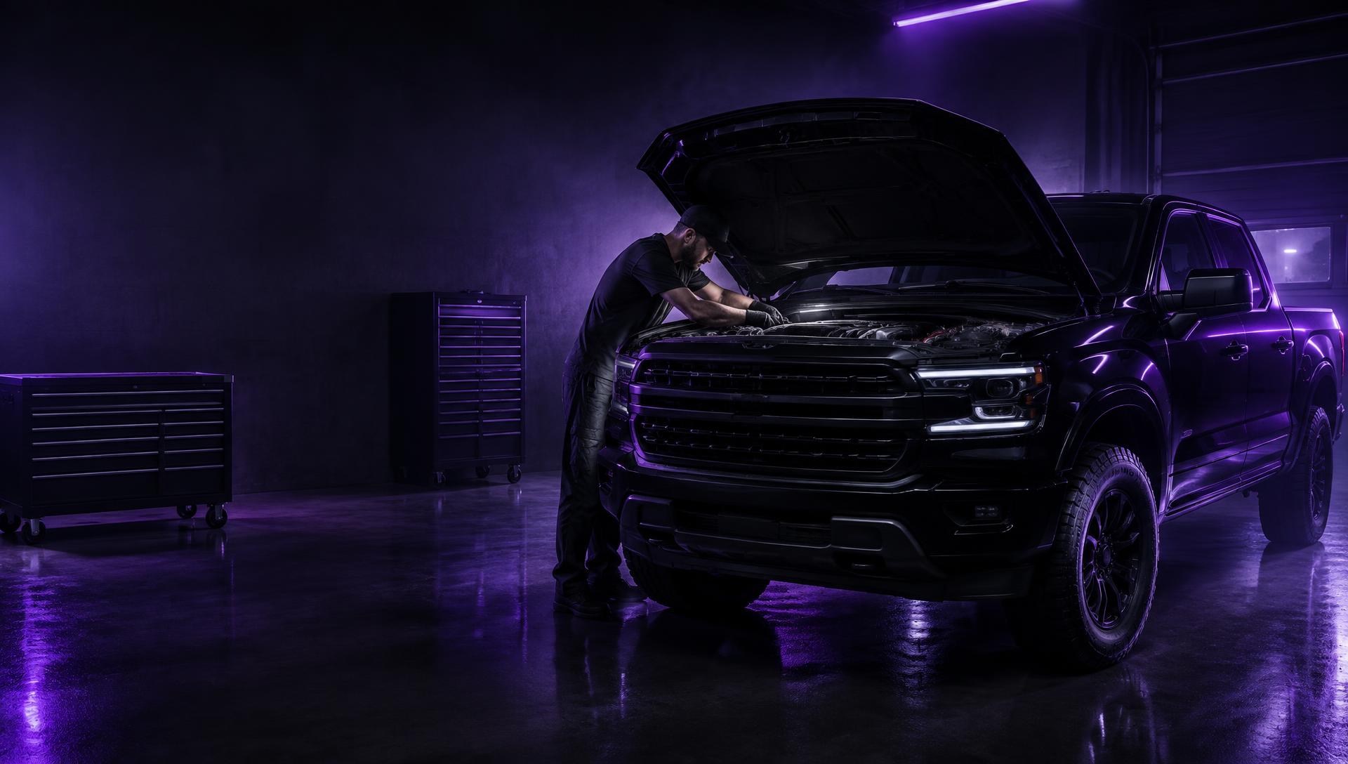 Mechanic working under the hood of a truck in a dimly lit garage